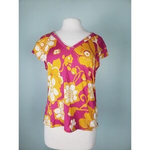 Maeve Anthropologie‎ Women's L Shirt Purple Floral Flutter Sleeve Organic Cotton